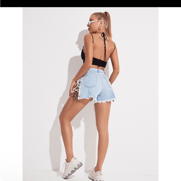 Furst Of A Kind Upcycled Vintage Lace Up High Waist Sasson Blue Denim Shorts - Picture 3 of 8